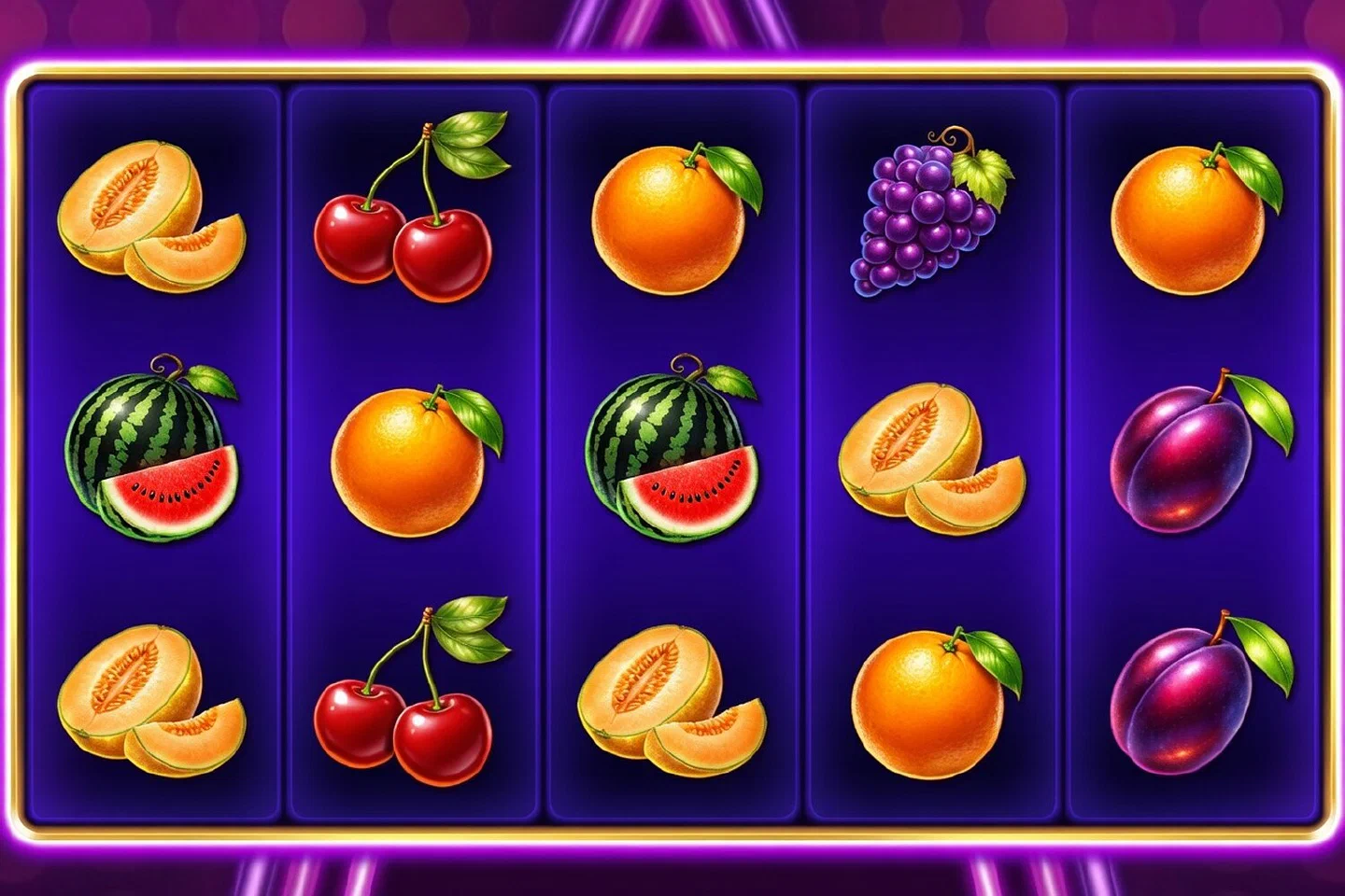 Hit Hot Fruit base game with cherries, grapes and plums on five reels and the 22-line frame